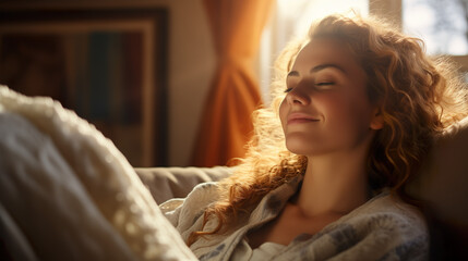 Woman sitting, resting and relaxing on the couch. Female model with long hair in living room | Generative AI