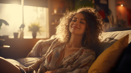 Obraz premium Woman sitting, resting and relaxing on the couch. Female model with long hair in living room | Generative AI