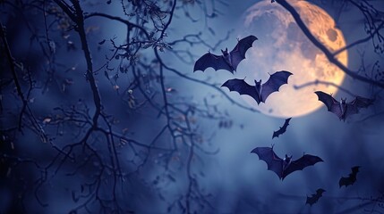 Flying Bats With Moon Background