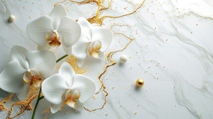 White orchid flowers background with gold glitter and pearls