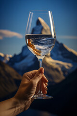 A glass of white wine, in the style of mountainous vistas, forced perspective, shaped canvas, wimmelbilder, travel, precision in details

