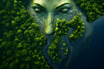 A woman in the middle of the green forest represents Mother Nature to indicate love of nature, preserving the environment, 