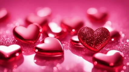 Obraz premium red hearts background Two red hearts on a pink glitter background. The hearts are bright and have some reflections 