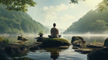 A man meditating in taiwan's natural scenery, in the style of 8k 3d, calm waters, uhd image, american tonalism, human connection, hudson river school - obrazy, fototapety, plakaty