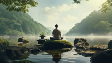 Foto auf Glas A man meditating in taiwan's natural scenery, in the style of 8k 3d, calm waters, uhd image, american tonalism, human connection, hudson river school © Dat
