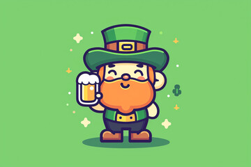 A cheerful leprechaun with a red beard in a green suit and hat with a glass of beer in his hand on a green background. St Patrick day. Logo design.