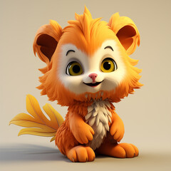 Cute 3D Cartoon Fantasy Character with Vibrant Orange Tufts in a Warm Toned Setting