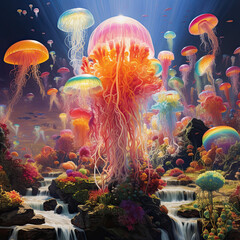 Obraz na płótnie Canvas Surreal Jellyfish Illustration, beautiful colorful and luminous.