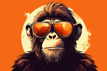 Cool Stylish Sunglasses Adorned Monkey Portrait with Orange Background