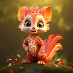 Cute 3D Cartoon Fantasy Character with Lush Orange Fur in a Magical Fall Setting