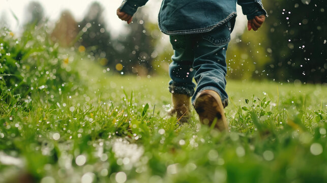 A child walks through puddles in the rain.
