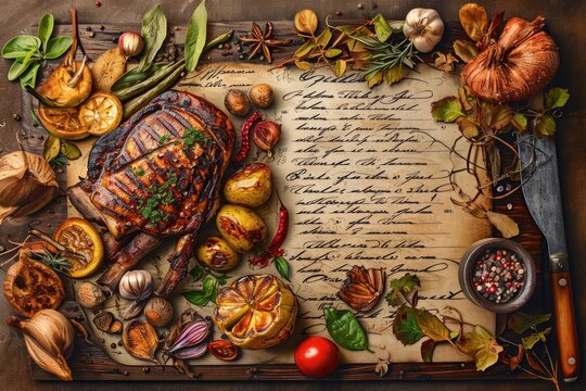 beautifully arranged assortment of grilled steak and various ingredients on a parchment paper with handwritten text