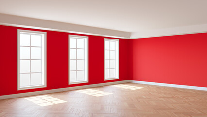 Sunny Interior with Red Walls, Three Large Windows, White Ceiling and Cornice, Glossy Herringbone Parquet Flooring and a White Plinth, 3D Rendering. 8K Ultra HD, 7680x4320, 300 dpi