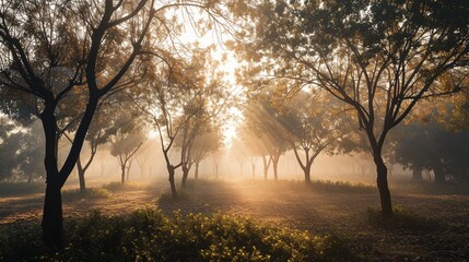 A Gentle Mist Envelops a Tranquil Walnut Grove - AI Generative