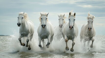 Group of White Horses Running - obrazy, fototapety, plakaty