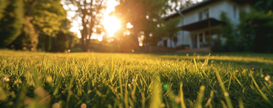 A beautifully trimmed yard with green grass in front of a modern home. Close-up of a green lawn at sunset.
