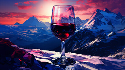 A glass of red wine on a snow covered mountaintop, in the style of lens flare, dark azure, purple and azure, post-impressionism, nabis, ironical, wimmelbilder

 - obrazy, fototapety, plakaty