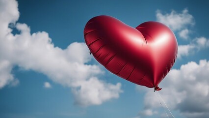 Fototapeta premium heart shaped balloon red heart shaped balloon floating in the sky with white clouds and blue background , 
