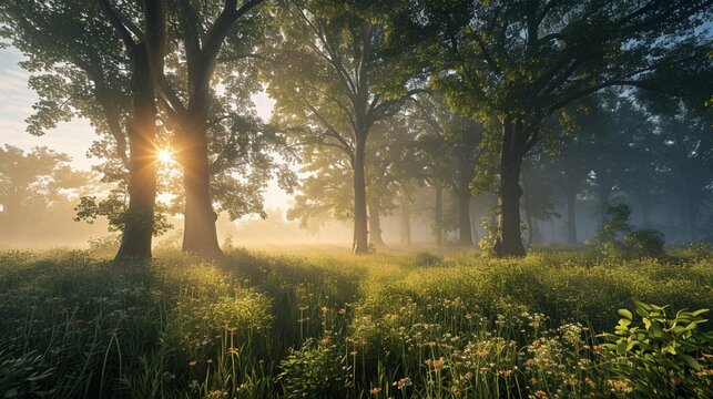 A Gentle Mist Envelops a Tranquil Walnut Grove - AI Generative