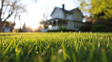 Freshly mowed green lawn against the backdrop of a house and sunset.