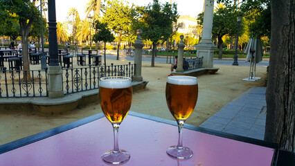 Two glasses of beer with foam on a terrace table overlooking the park garden.