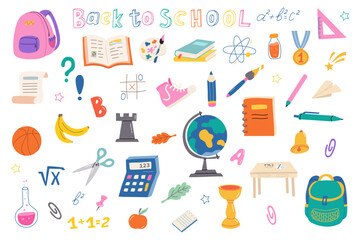 Hand drawn school supplies. Back to School concept. School object collection, doodle. Set of colored sketch icons. Good for wrapping paper, stationery, scrapbooking, wallpaper, textile prints