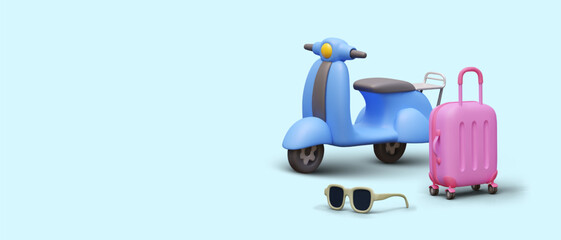 Realistic scooter without driver, suitcase, sunglasses. Concept of traveling on moped. Modern tourism. Scooter rental advertisement. Banner on blue background