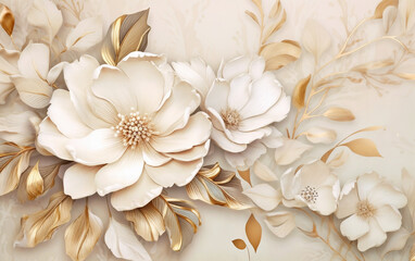 a painting of white flowers with gold leaves on a beige background with a gold border around the flowers and leaves, generative ai