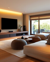 luxus Wohnzimmer mit Couch und Fernseher, seichte harmonische Farben, beige