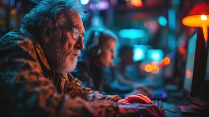 Senior male and female friends playing game on computers in gaming center