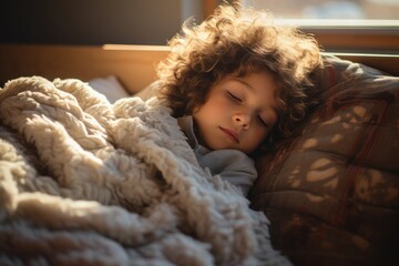 A sick toddler is sleeping on a bed in an attempt to recover