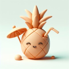 Naklejka premium Cheerful Cute Pineapple with Umbrella and Straw. 3D Cartoon Clay Illustration on a light background.