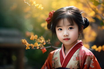 Obraz premium Photo of lovely adorable cute chinese girl wear traditional kimono made with generative AI