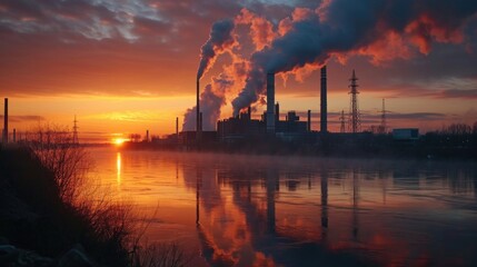 Fototapeta premium Power plant with smoking chimneys at sunrise over the river. Landscape.