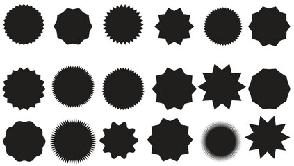 Set of black price sticker, sale or discount sticker, sunburst badges icon. Stars shape with different number of rays. Special offer price tag. Red starburst promotional badge set, shopping labels