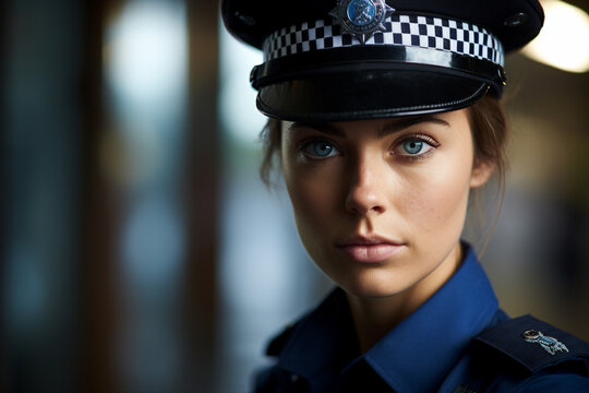 Young man woman working as police officer or cop closeup portrait blurred city background Generative AI
