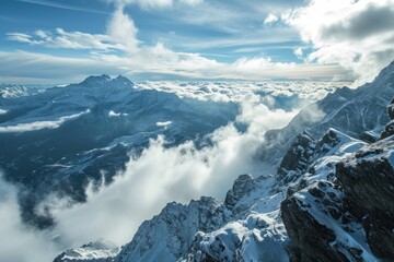 A cloudy view of the Swiss Alpine range in Titlis, Switzerland.