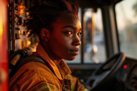Side view of black female firefighter - Powered by Adobe