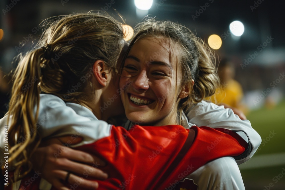 Wall mural two cheerful female soccer players shake their heads in celebration. young professional football pla