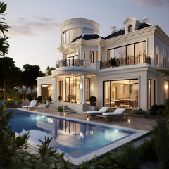 Luxury exotic mediterranean villa home or summer holiday residence with pool at sea shore.