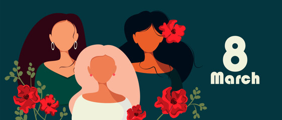 International Women's Day. Background for March 8th with women and red flowers. Vector illustration.