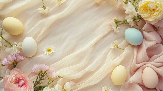 Minimalist ivory velvet fabric banner with Easter decoration and copy text. Happy Easter card with colored eggs and spring flowers