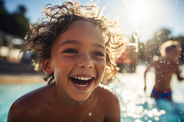 Summer holidays children in aquapark having fun sliding water splash Generative AI picture