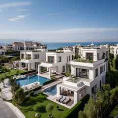 Fototapeta na wymiar Luxury exotic mediterranean villa home or summer holiday residence with pool at sea shore.