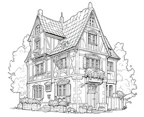Black and white illustration for coloring house, building.