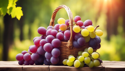 Grape bunch basket on wooden table. Copy space