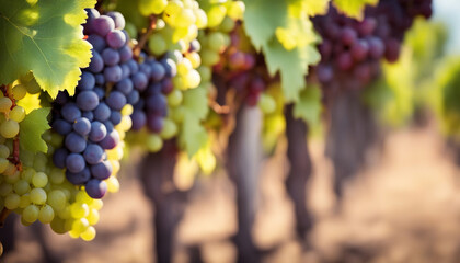 Grape bunch on blurred vineyard background. Copy space