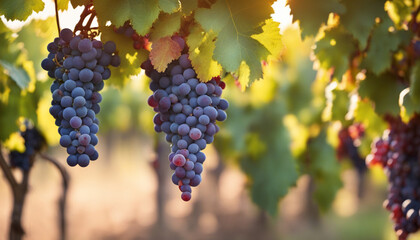 Grape bunch on blurred vineyard background. Copy space
