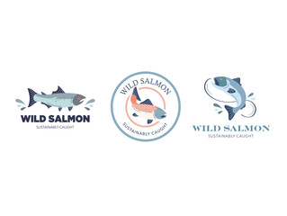 Wild caught salmon fish vector logo group. Sustainably caught fish icon. Fish art vector.