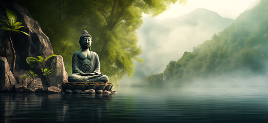Obrazy na Plexi  Buddha statue in the forest with sunlight. nature background.